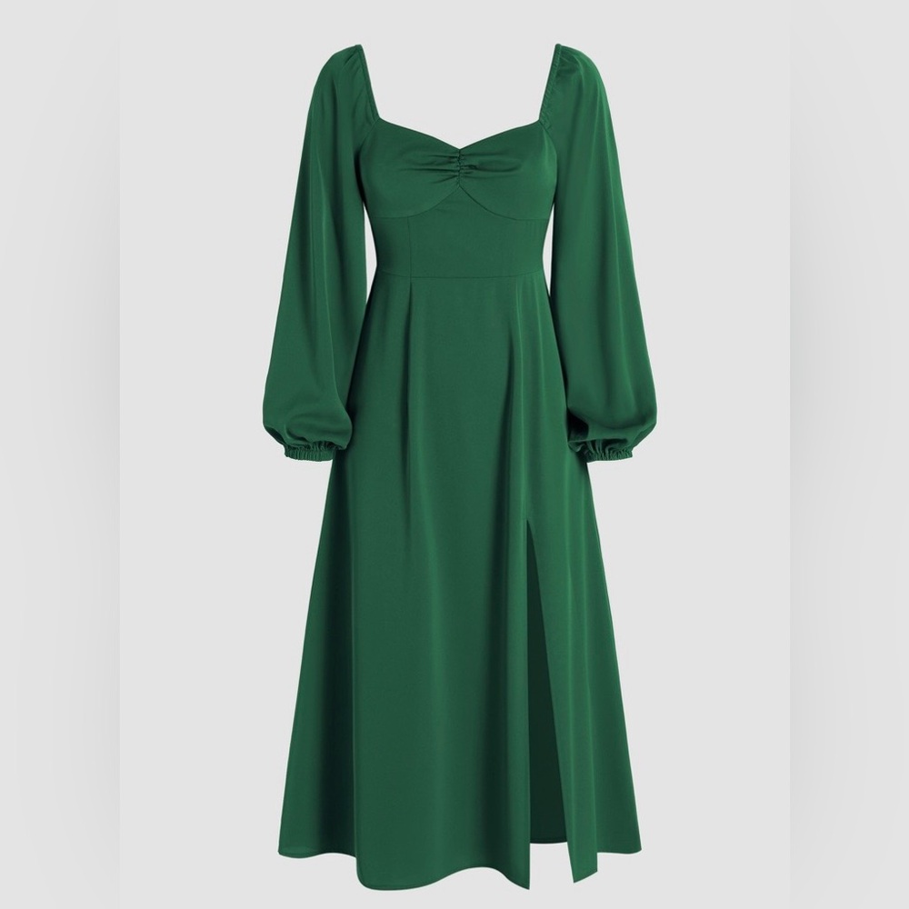 Elegant Green Long Sleeve Midi Dress